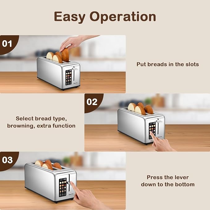 Mecity Touchscreen Toaster, 2 Long Slots for 4 Slices, Digital Bread & Browning Control, Stainless Steel Slim Toaster