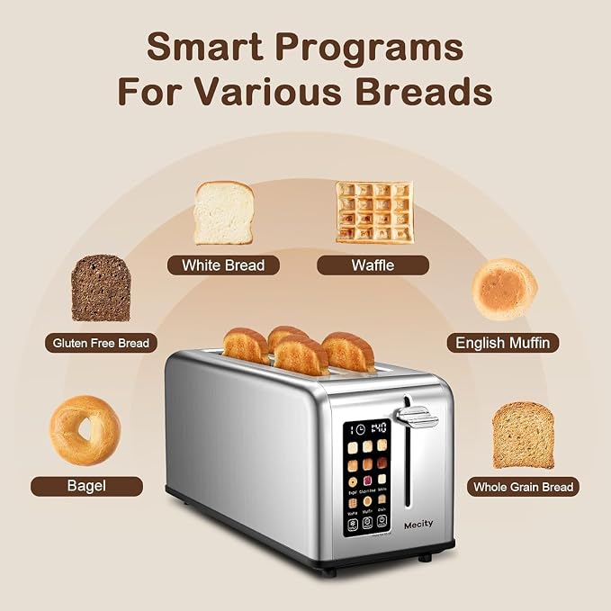 Mecity Touchscreen Toaster, 2 Long Slots for 4 Slices, Digital Bread & Browning Control, Stainless Steel Slim Toaster