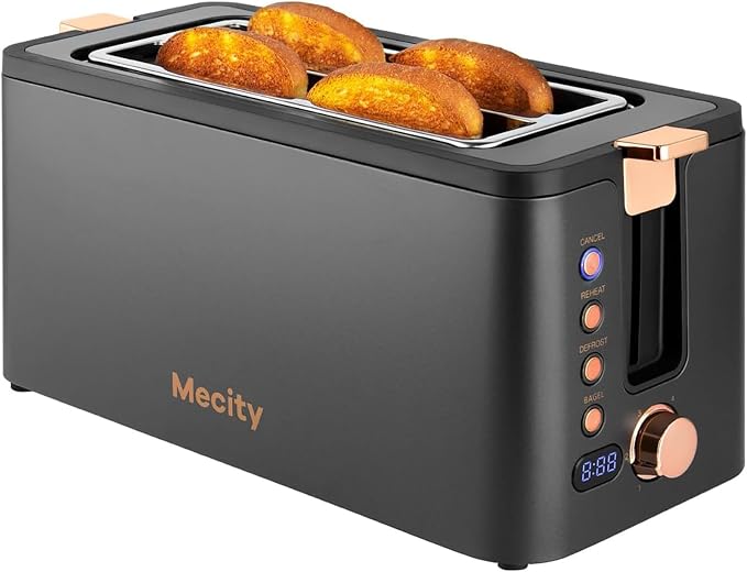 Mecity 4 Slice Toaster, Long Slot Toaster With Warming Rack, Timer, Bagel, Defrost, Reheat Functions, Crumb Tray