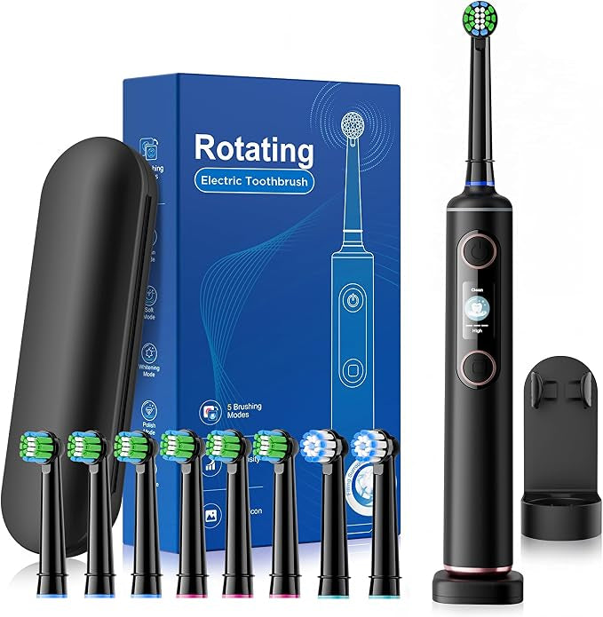 Electric Toothbrush for Adults, 5 Cleaning Modes & 3 Intensity Levels & LED Digital Display, Rechargeable Power Toothbrush with 8 Brush Heads