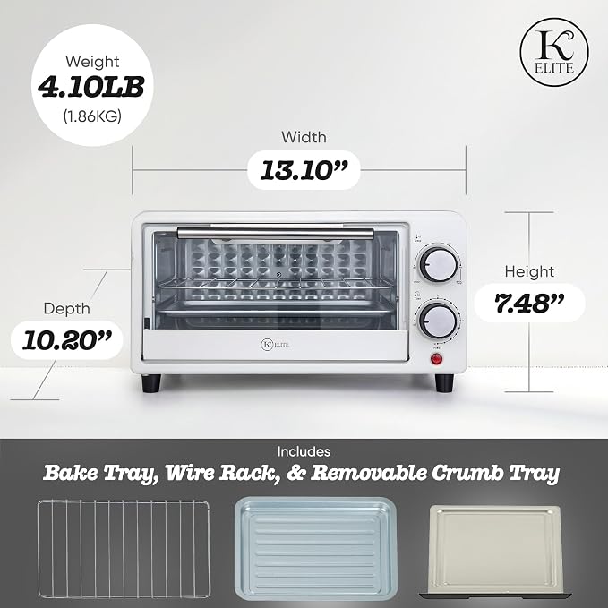 Kitchen Elite 4-Slice Countertop Toaster Oven, Stainless Steel Tray, White