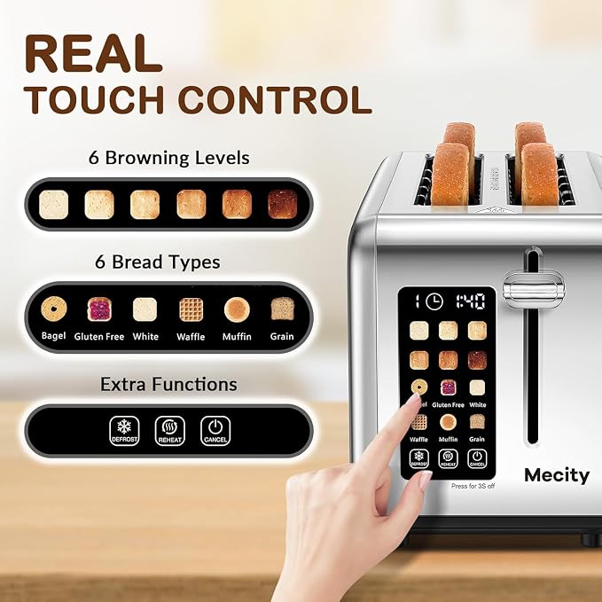 Mecity Touchscreen Toaster, 2 Long Slots for 4 Slices, Digital Bread & Browning Control, Stainless Steel Slim Toaster