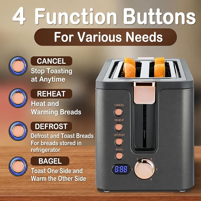 Mecity 4 Slice Toaster, Long Slot Toaster With Warming Rack, Timer, Bagel, Defrost, Reheat Functions, Crumb Tray
