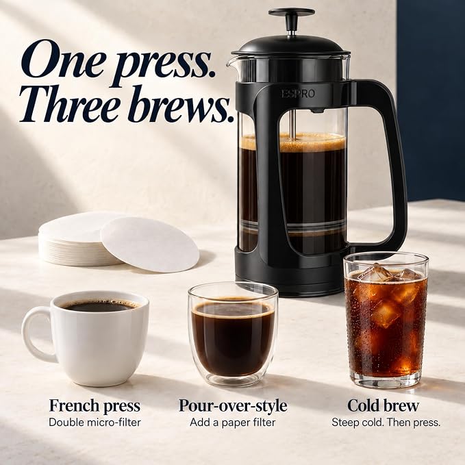 P3 French Press Coffee Maker, 32oz, Black, Double Filter Press