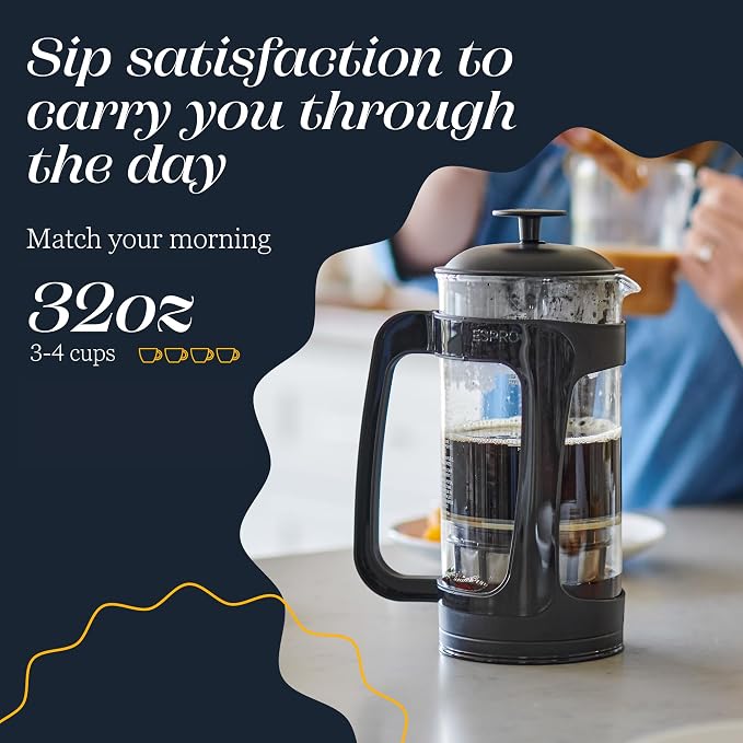 P3 French Press Coffee Maker, 32oz, Black, Double Filter Press
