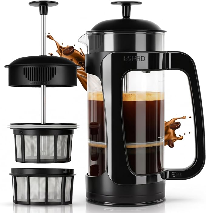 P3 French Press Coffee Maker, 32oz, Black, Double Filter Press