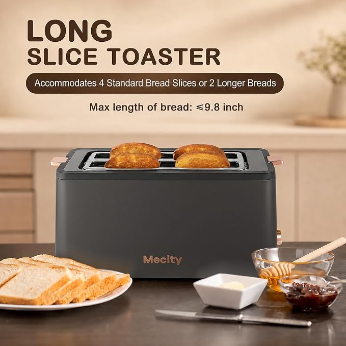 Mecity 4 Slice Toaster, Long Slot Toaster With Warming Rack, Timer, Bagel, Defrost, Reheat Functions, Crumb Tray