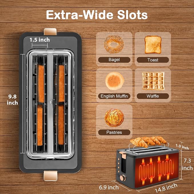 Mecity 4 Slice Toaster, Long Slot Toaster With Warming Rack, Timer, Bagel, Defrost, Reheat Functions, Crumb Tray